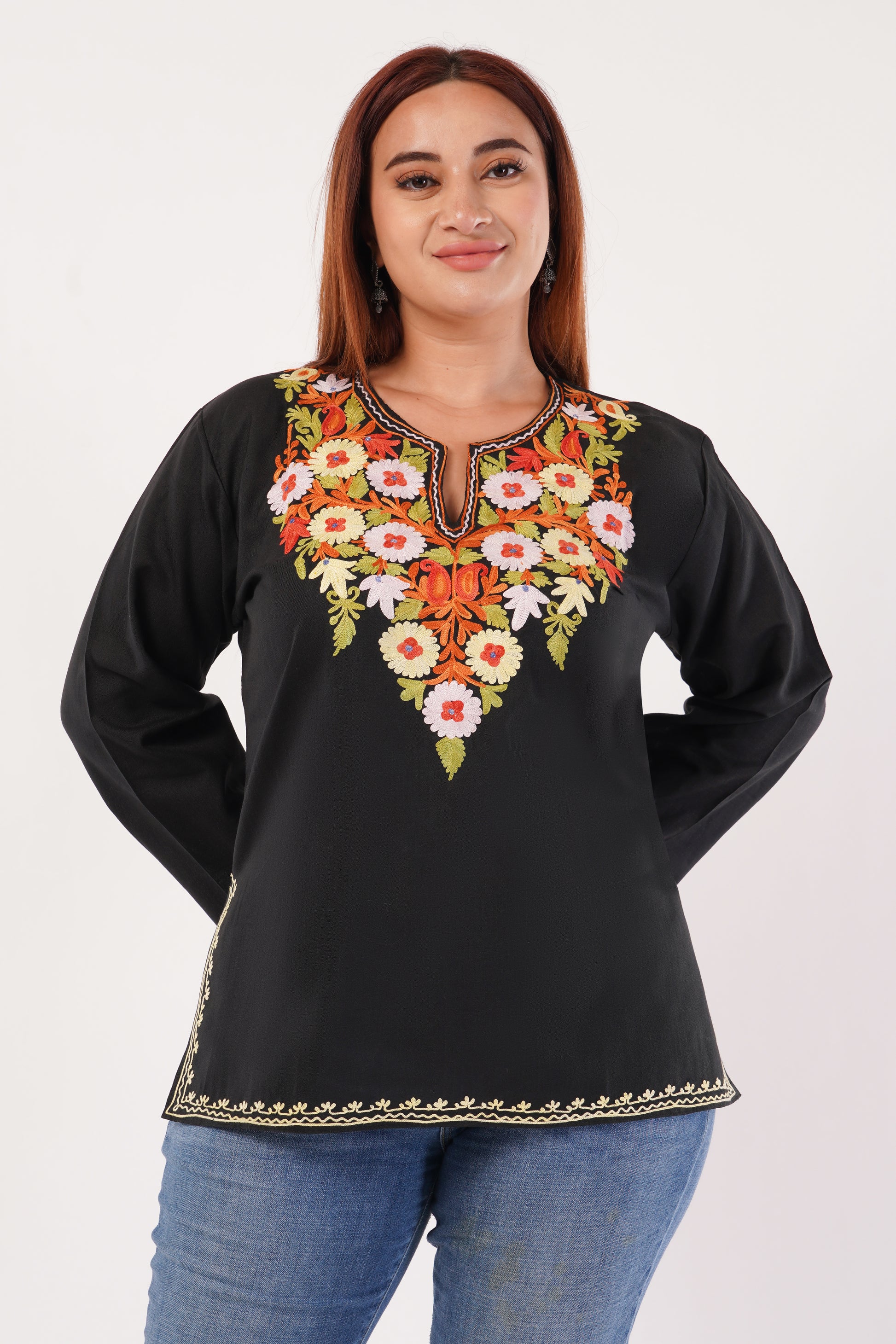 Kashmiri Aari embroidery Cotton Short Kurti Size-44(Black)