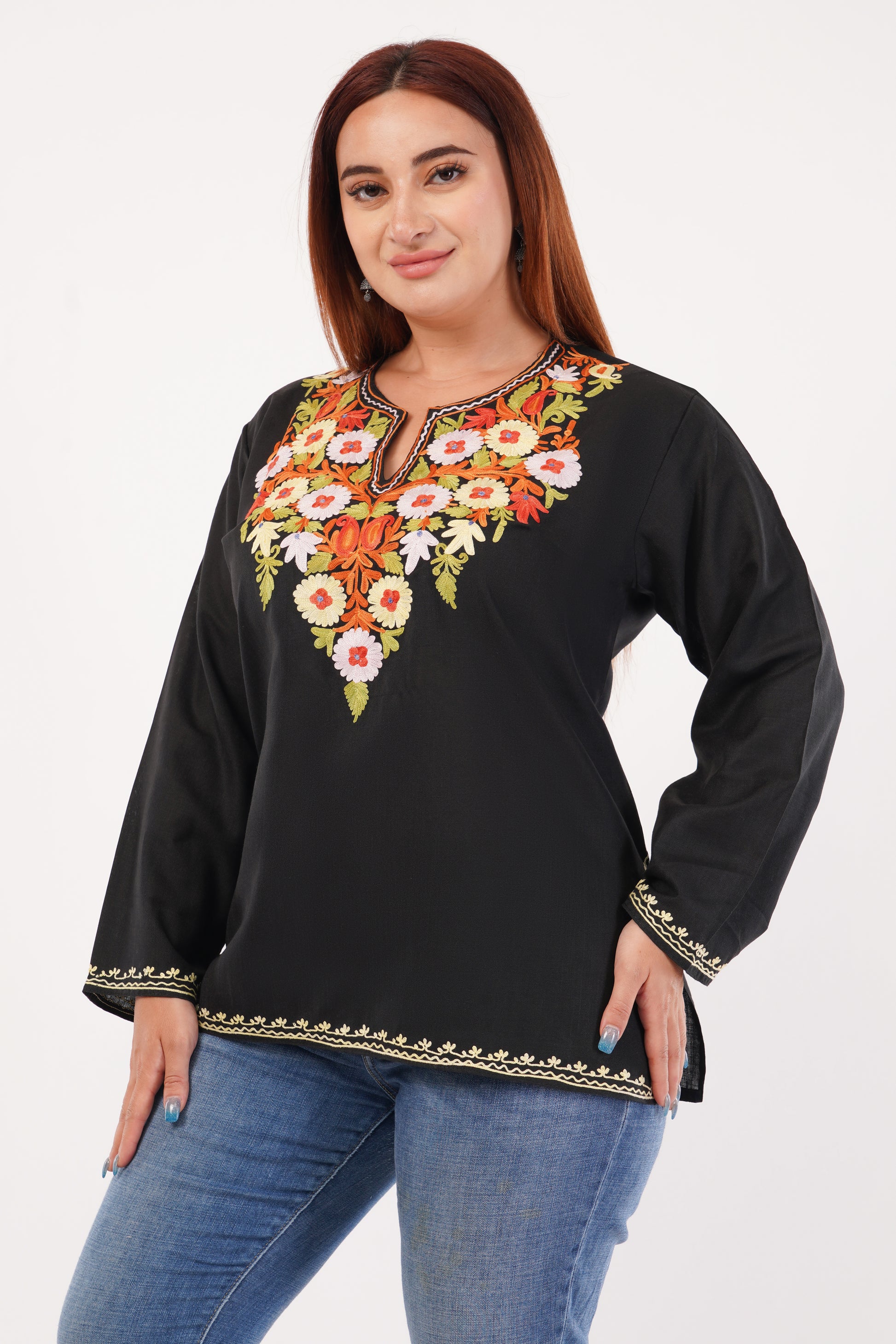 Kashmiri Aari embroidery Cotton Short Kurti Size-44(Black)