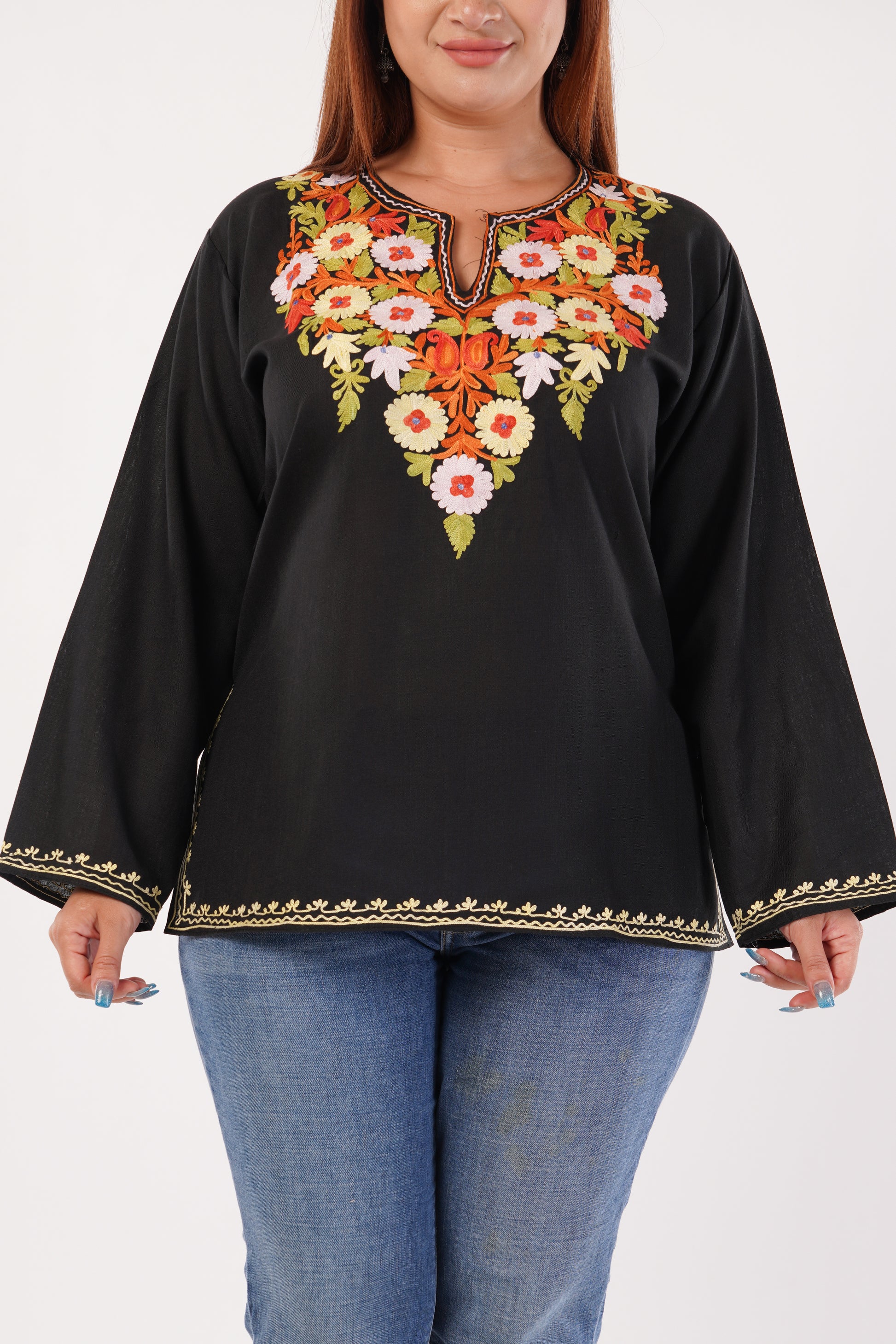 Kashmiri Aari embroidery Cotton Short Kurti Size-44(Black)