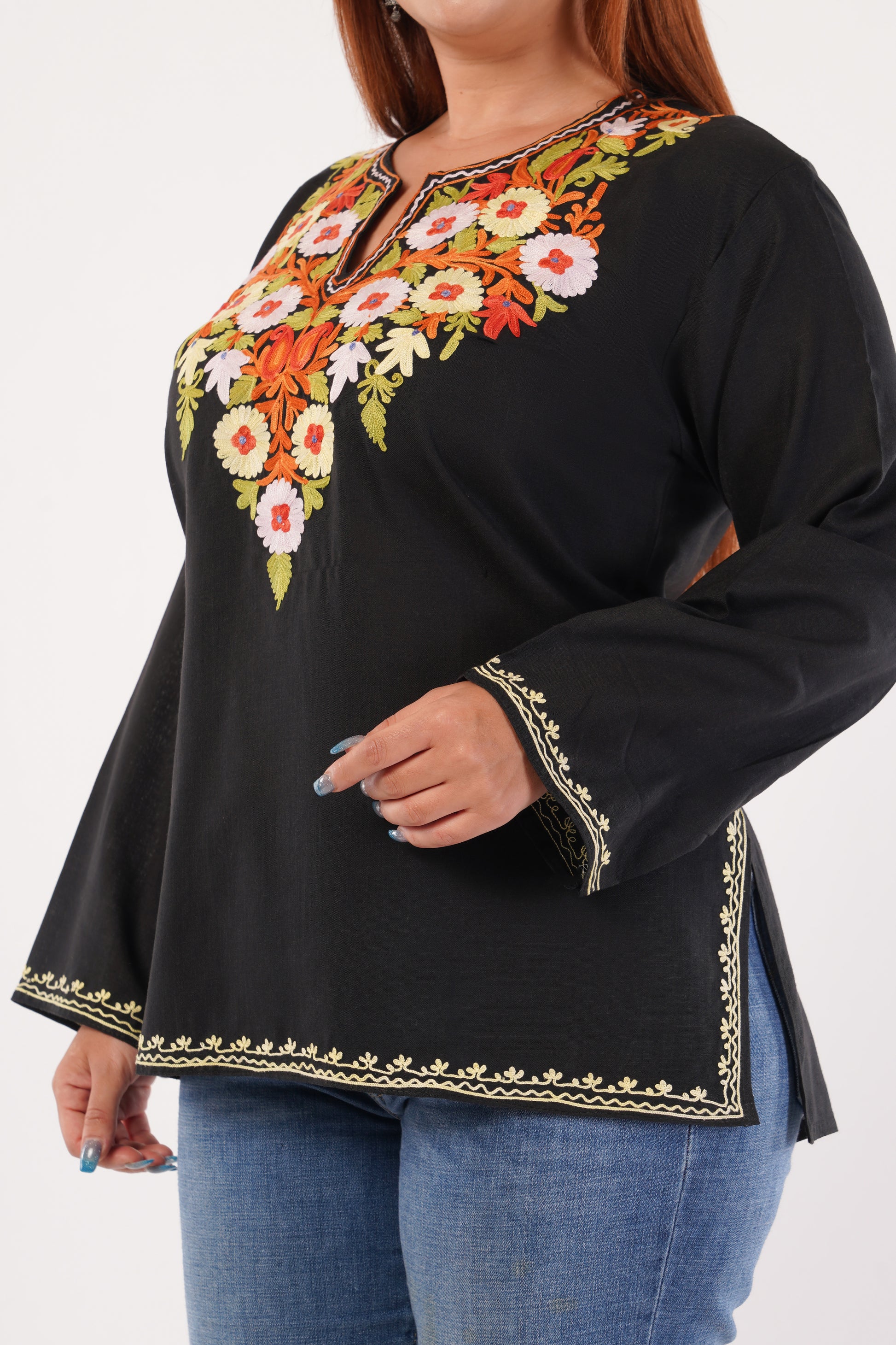 Kashmiri Aari embroidery Cotton Short Kurti Size-44(Black)