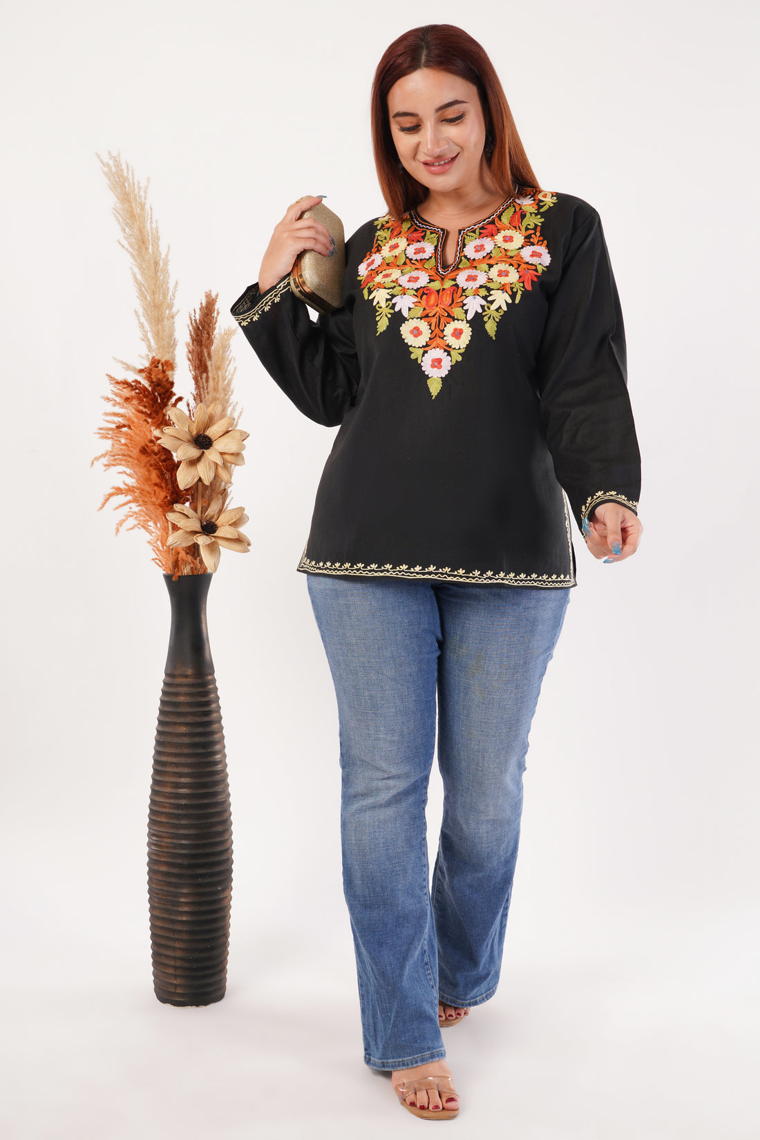 Kashmiri Aari embroidery Cotton Short Kurti Size-44(Black)