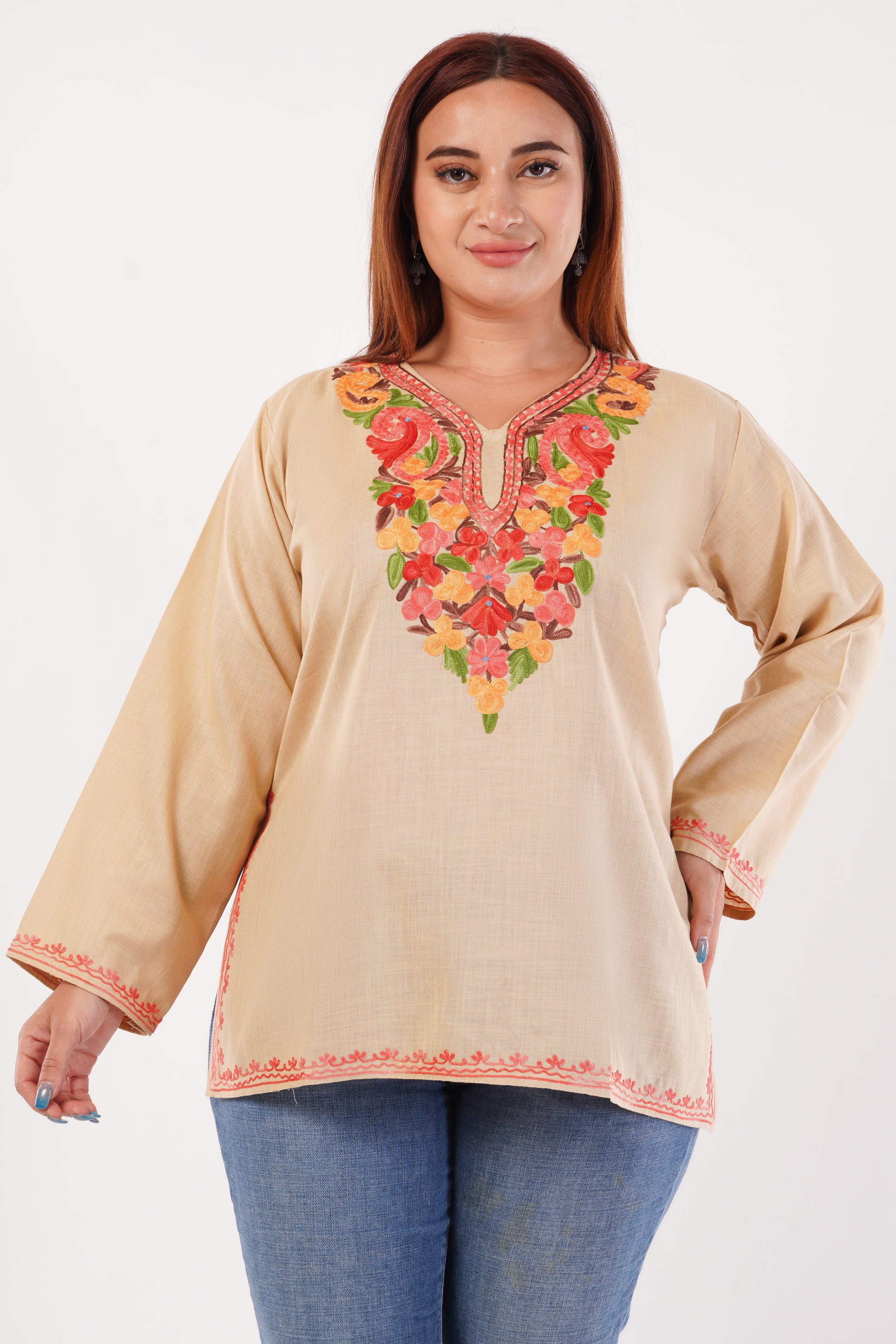 Kashmiri Aari embroidery Cotton Short Kurti Size-44(Beige)