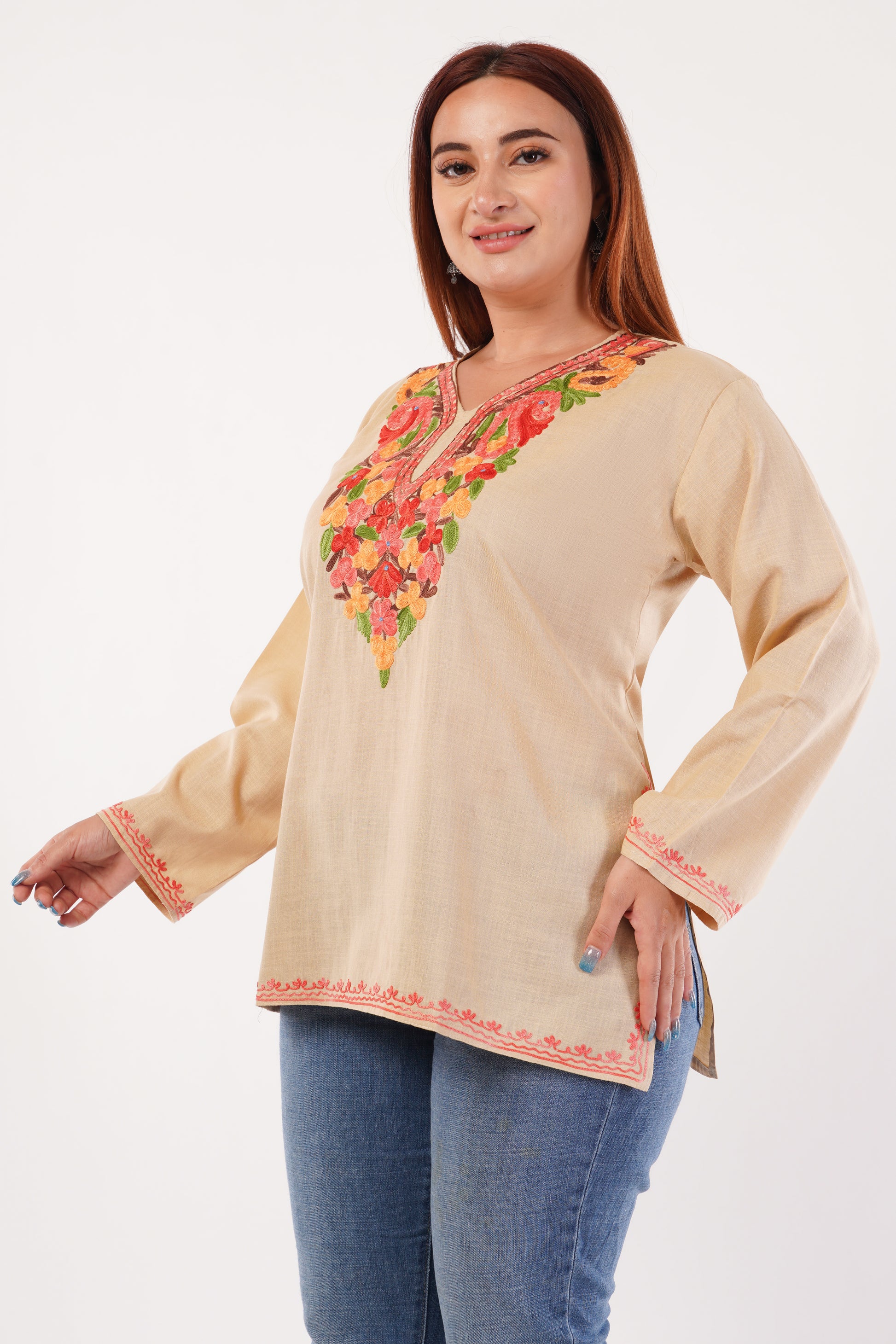 Kashmiri Aari embroidery Cotton Short Kurti Size-44(Beige)