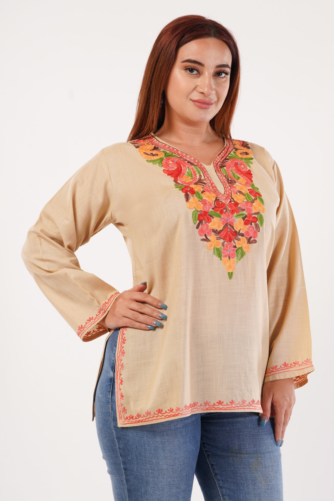 Kashmiri Aari embroidery Cotton Short Kurti Size-44(Beige)