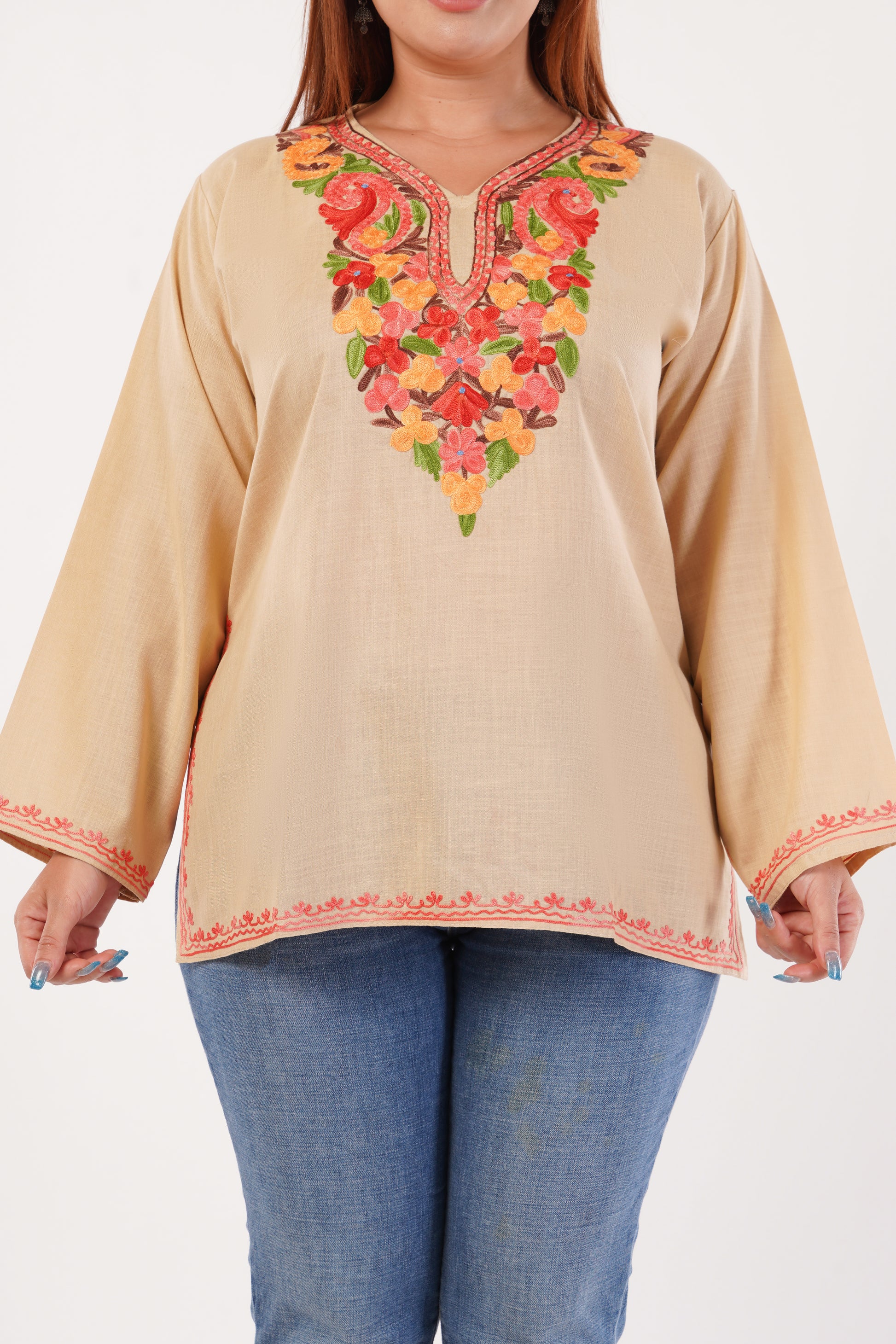Kashmiri Aari embroidery Cotton Short Kurti Size-44(Beige)
