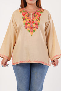 Kashmiri Aari embroidery Cotton Short Kurti Size-44(Beige)