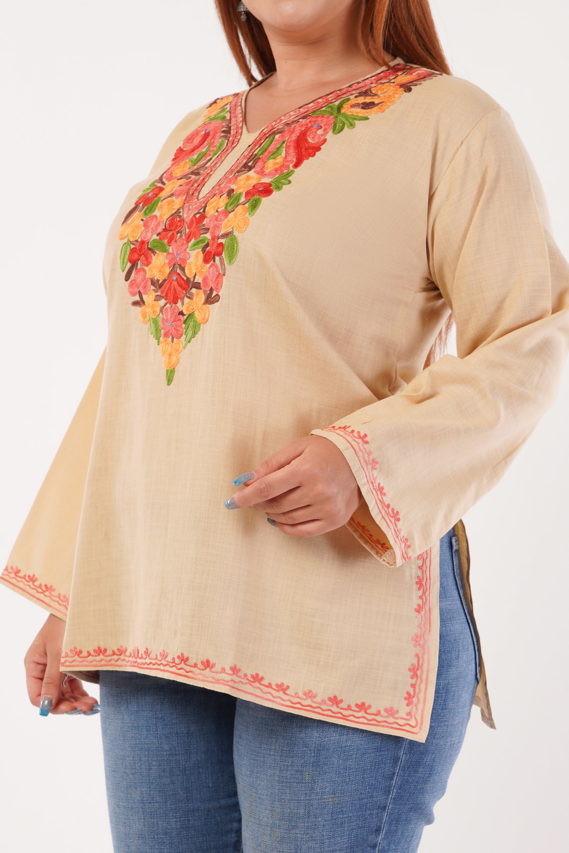 Kashmiri Aari embroidery Cotton Short Kurti Size-44(Beige)