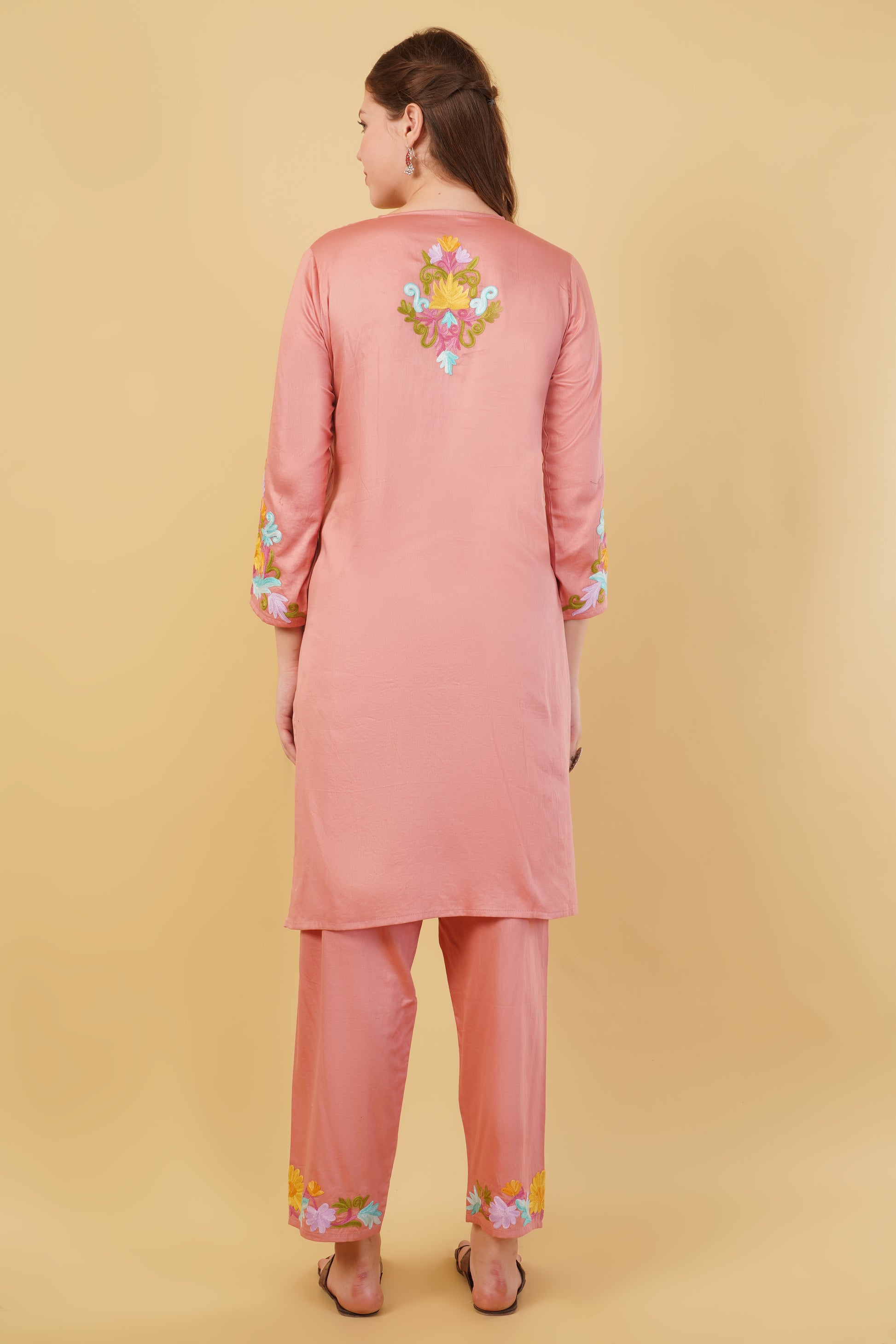 Kashmiri Aari embroidery Jaam Cotton Co-ord set Size-42(Salmon Pink)