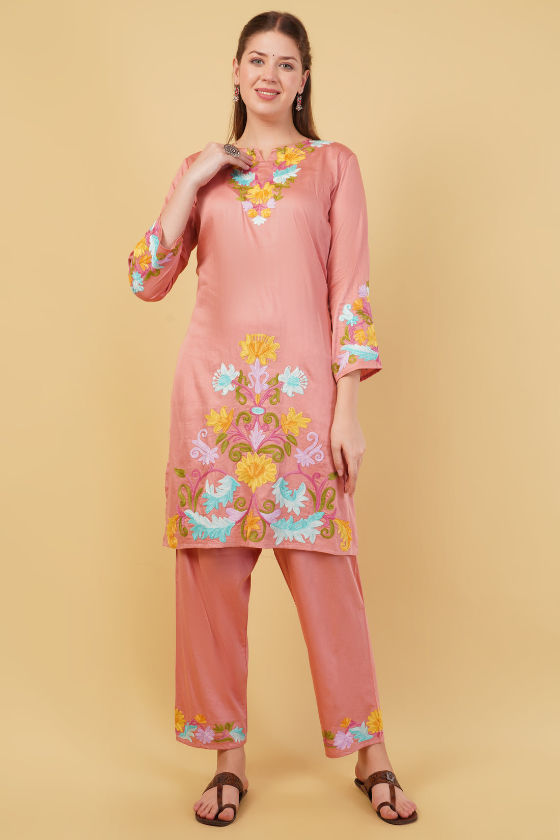 Kashmiri Aari embroidery Jaam Cotton Co-ord set Size-42(Salmon Pink)