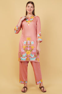 Kashmiri Aari embroidery Jaam Cotton Co-ord set Size-42(Salmon Pink)