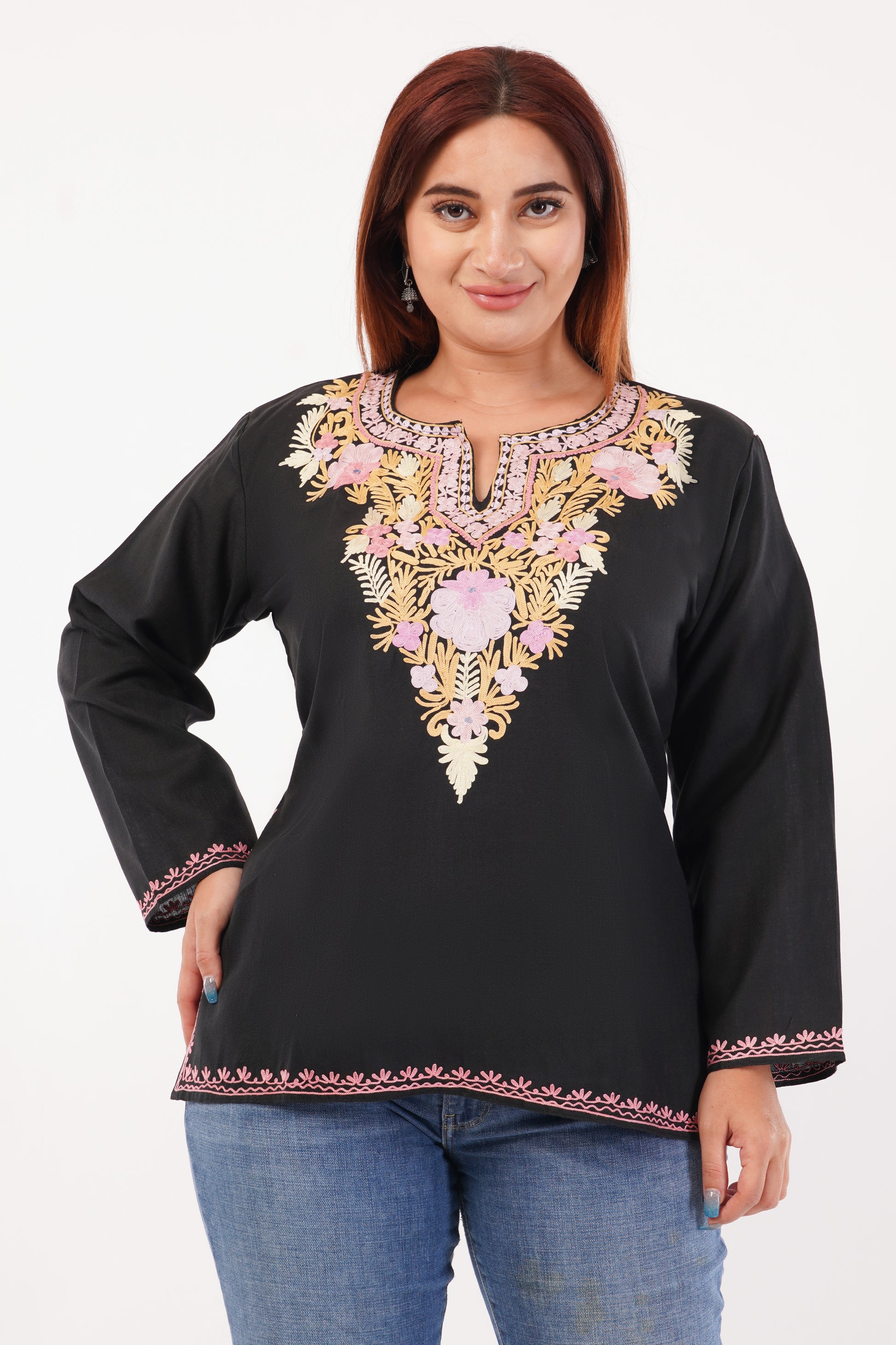 Kashmiri Aari embroidery Cotton Short Kurti Size-44(Black)
