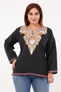 Kashmiri Aari embroidery Cotton Short Kurti Size-44(Black)