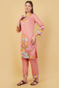 Kashmiri Aari embroidery Jaam Cotton Co-ord set Size-42(Salmon Pink)