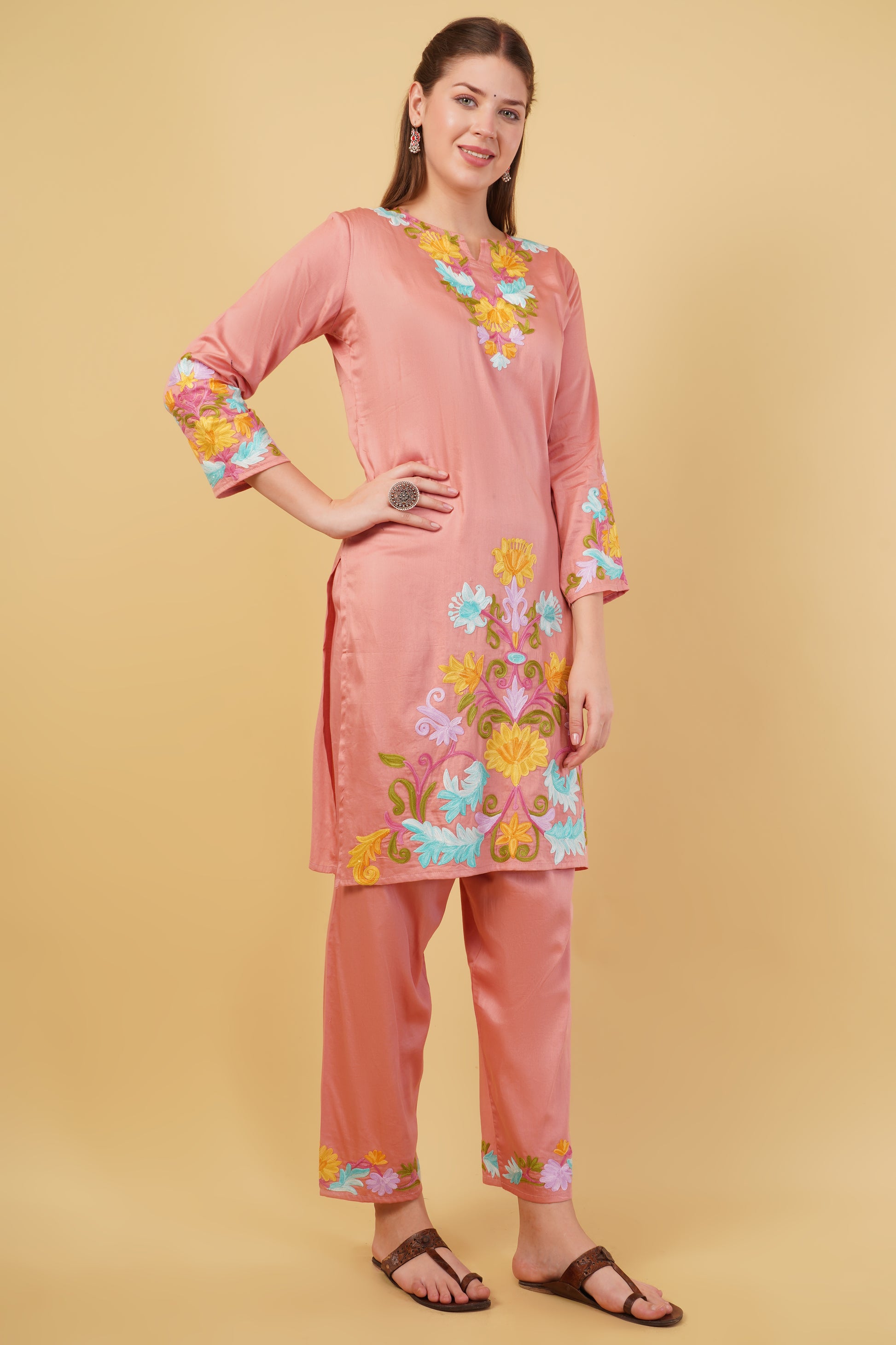 Kashmiri Aari embroidery Jaam Cotton Co-ord set Size-42(Salmon Pink)