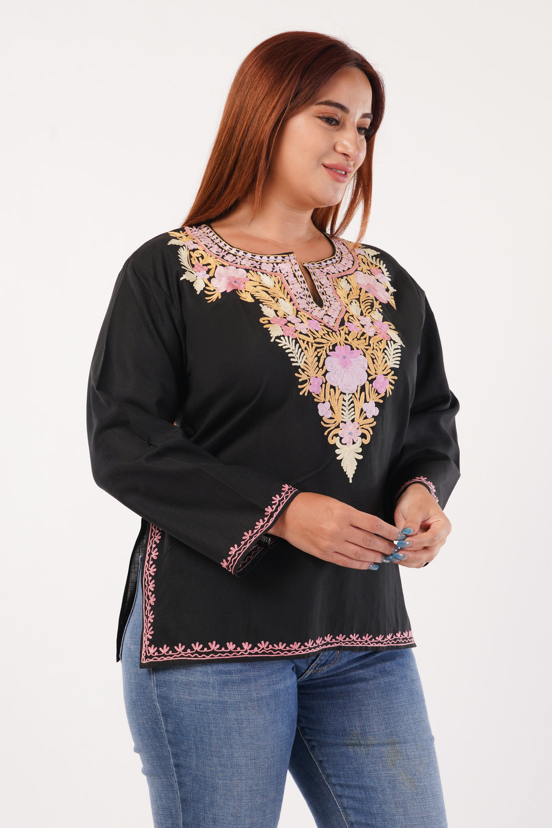 Kashmiri Aari embroidery Cotton Short Kurti Size-44(Black)