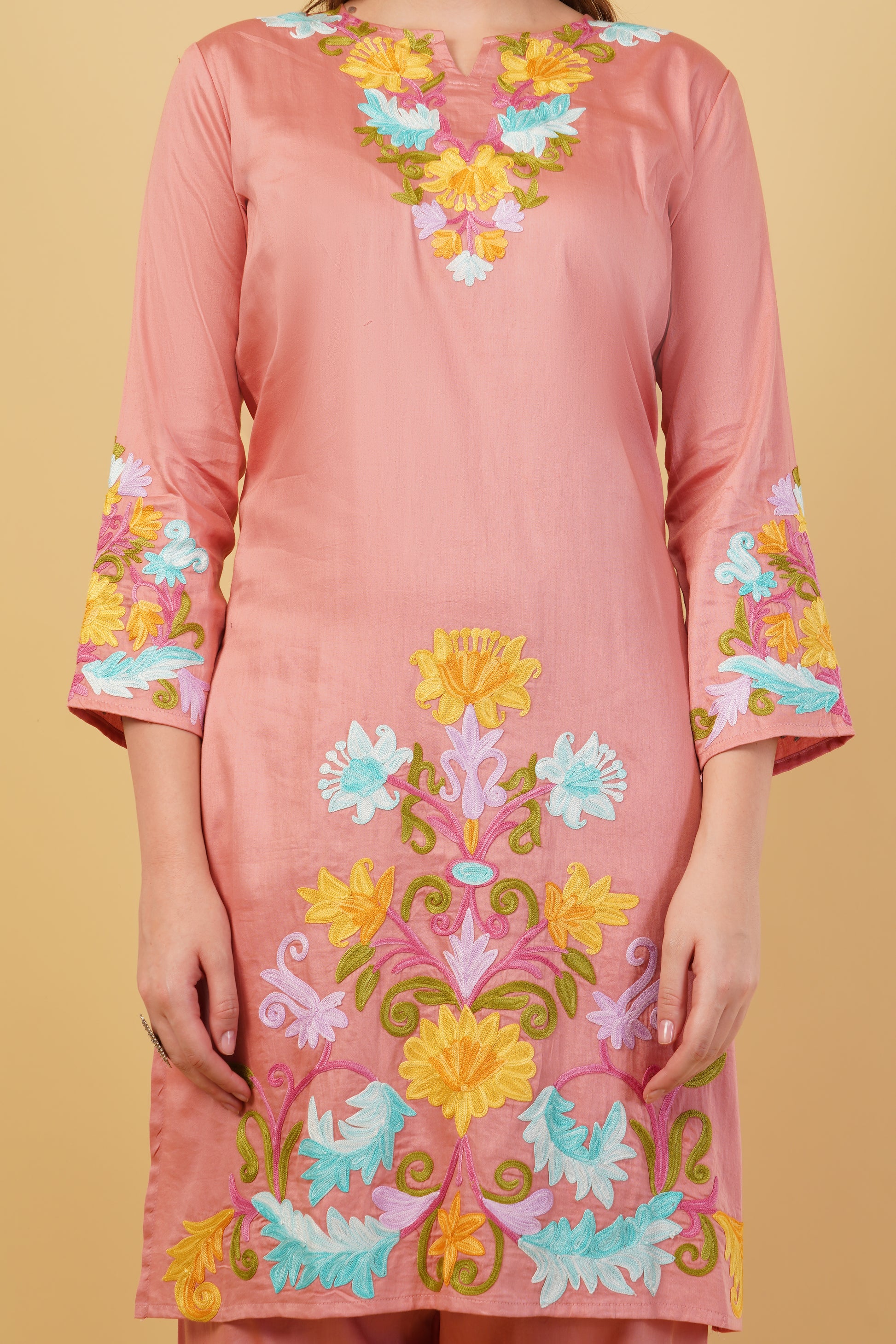 Kashmiri Aari embroidery Jaam Cotton Co-ord set Size-42(Salmon Pink)