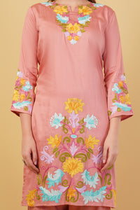 Kashmiri Aari embroidery Jaam Cotton Co-ord set Size-42(Salmon Pink)