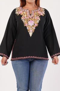 Kashmiri Aari embroidery Cotton Short Kurti Size-44(Black)