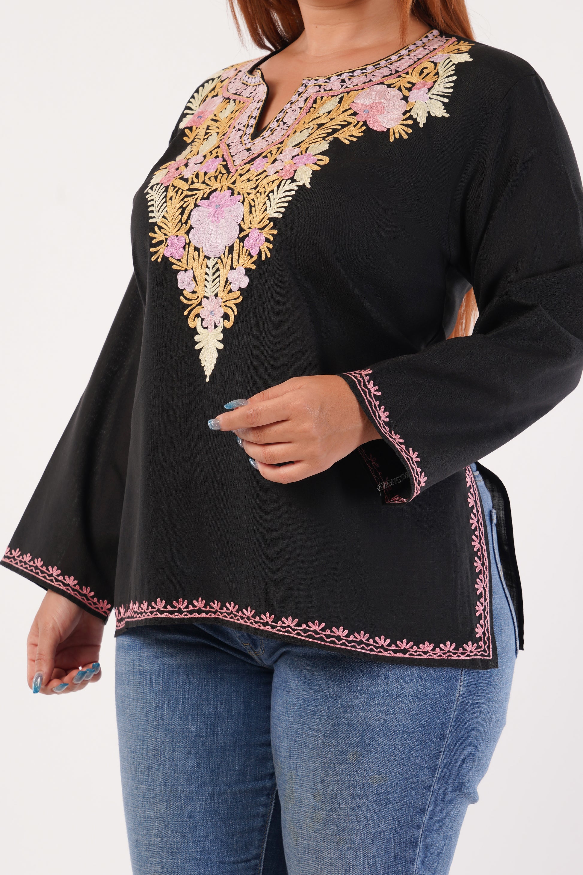 Kashmiri Aari embroidery Cotton Short Kurti Size-44(Black)