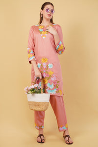 Kashmiri Aari embroidery Jaam Cotton Co-ord set Size-42(Salmon Pink)