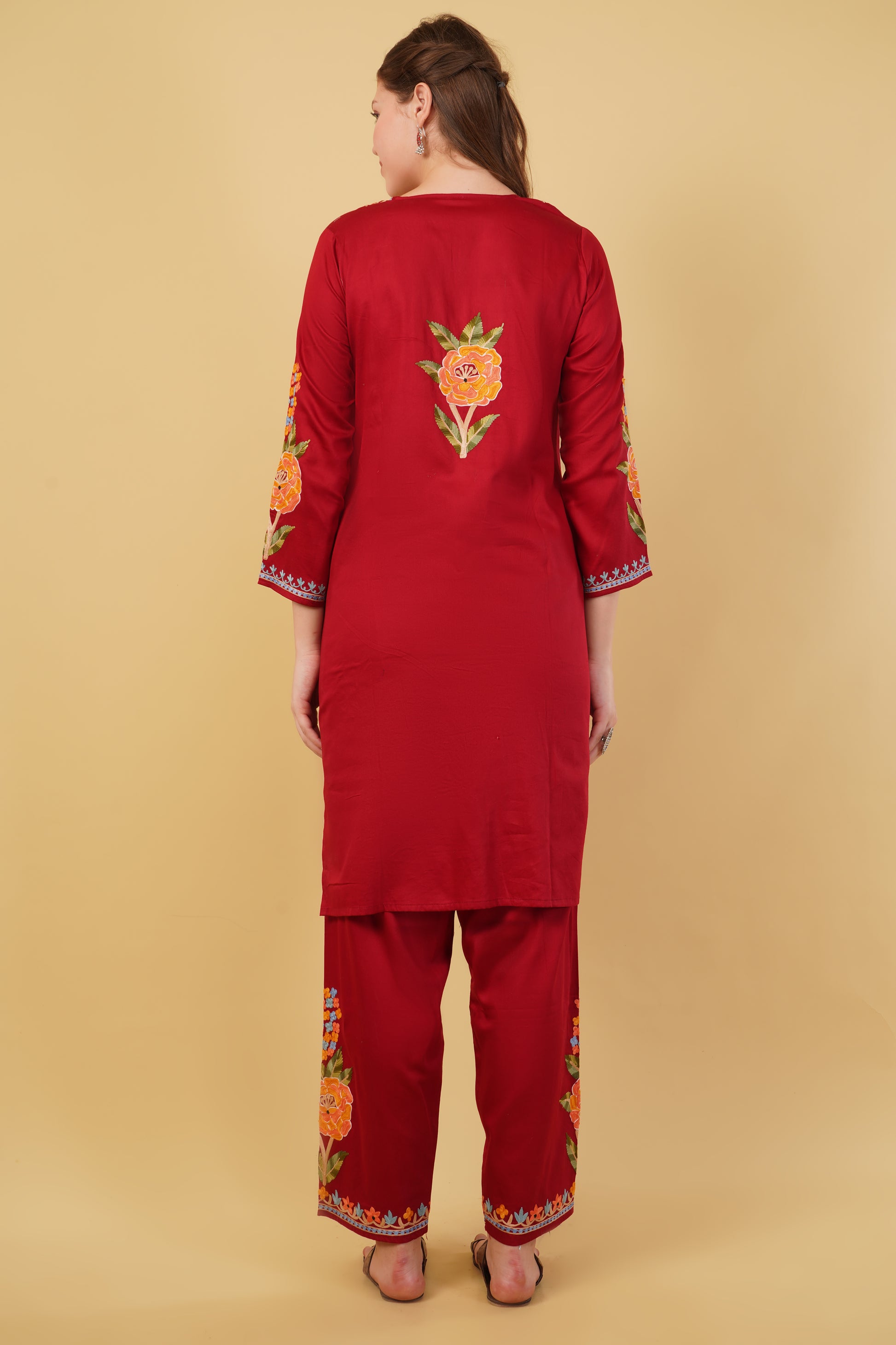 Kashmiri Aari embroidery Jaam Cotton Co-ord set Size-42(Red)