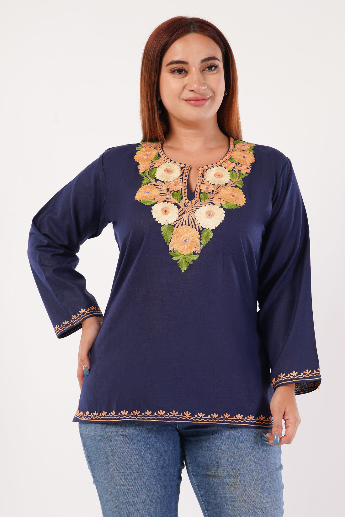 Kashmiri Aari embroidery Cotton Short Kurti Size-44(Navy Blue)