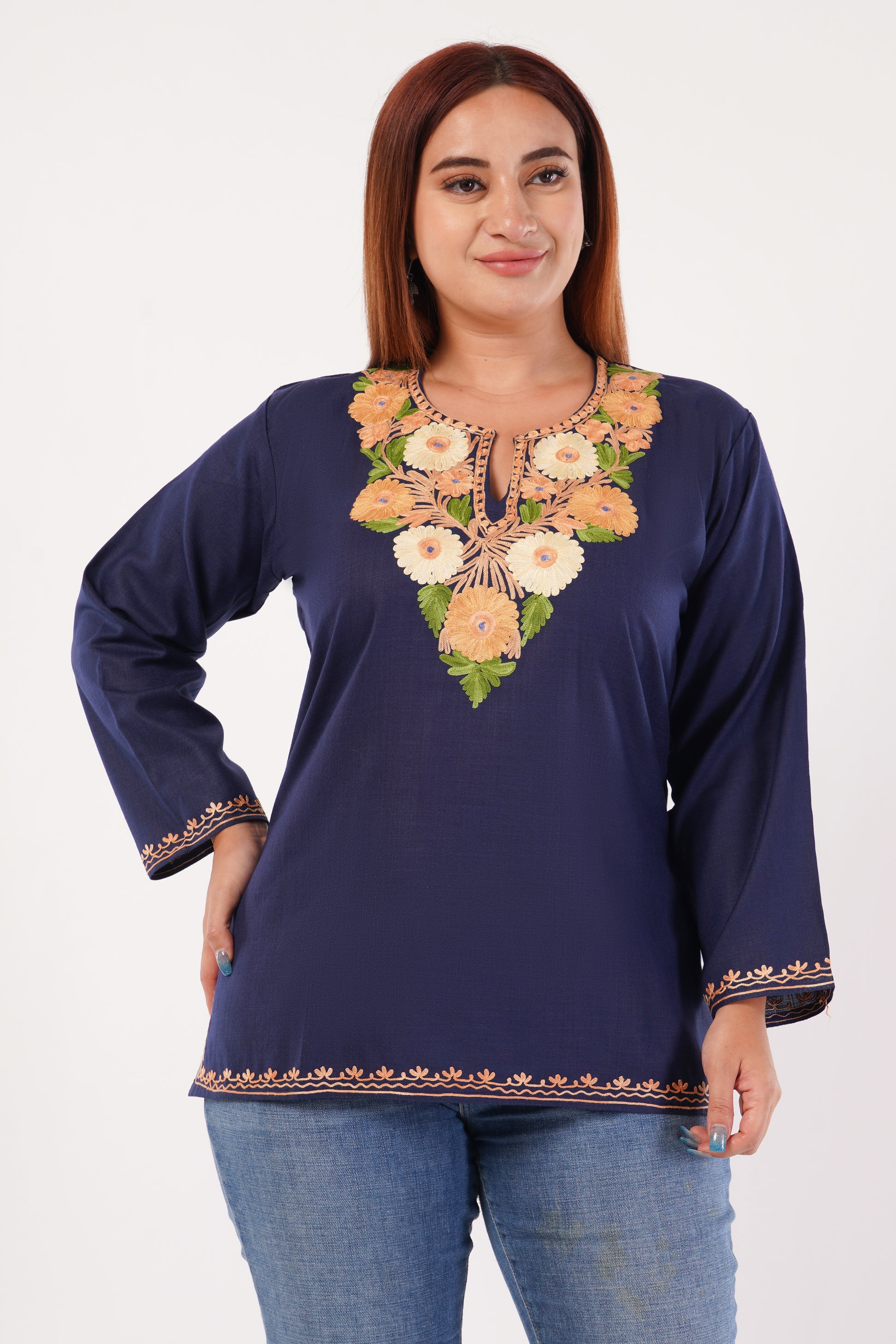 Kashmiri Aari embroidery Cotton Short Kurti Size-44(Navy Blue)