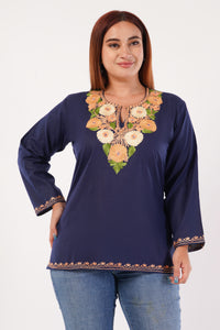 Kashmiri Aari embroidery Cotton Short Kurti Size-44(Navy Blue)