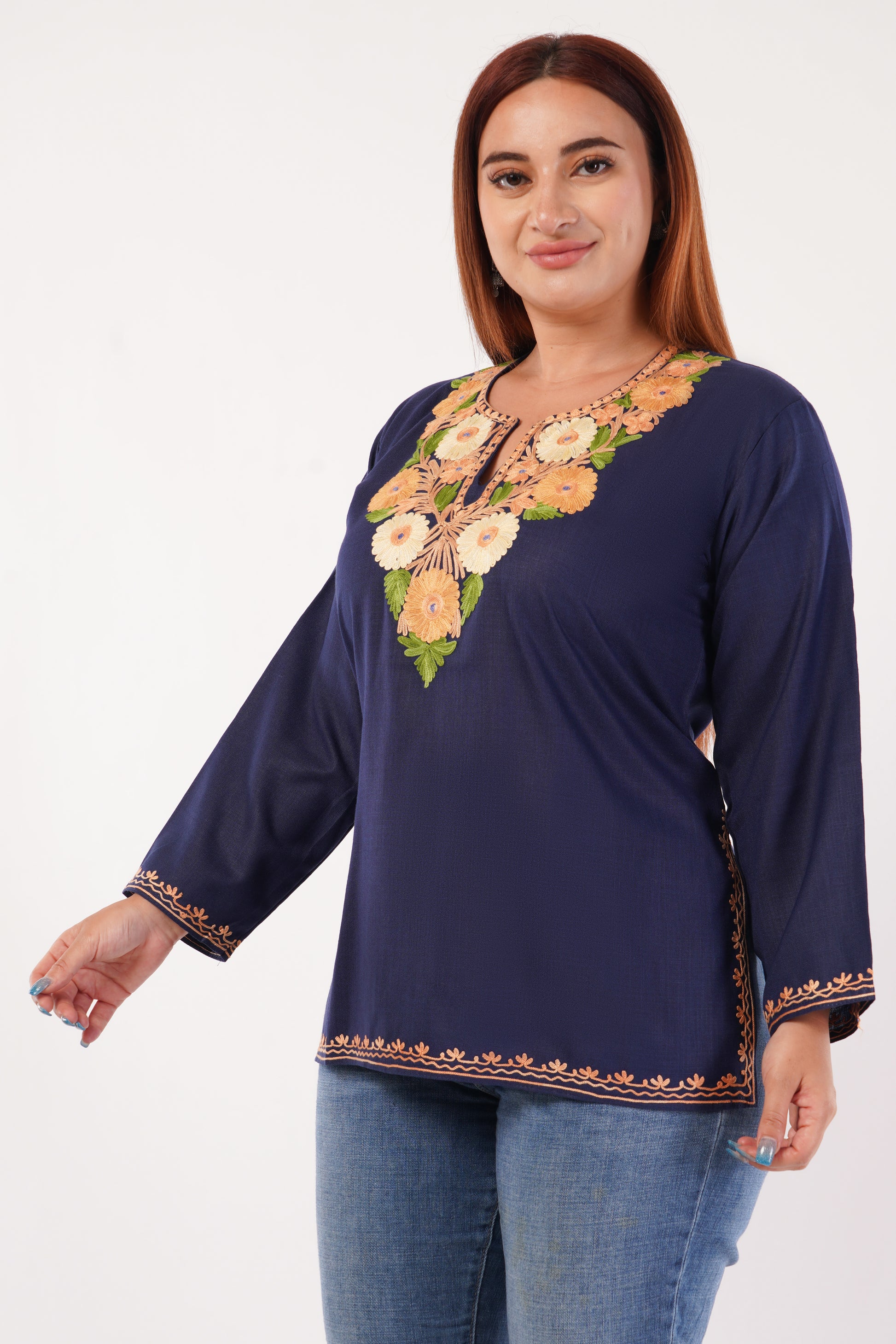Kashmiri Aari embroidery Cotton Short Kurti Size-44(Navy Blue)