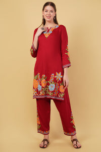 Kashmiri Aari embroidery Jaam Cotton Co-ord set Size-42(Red)