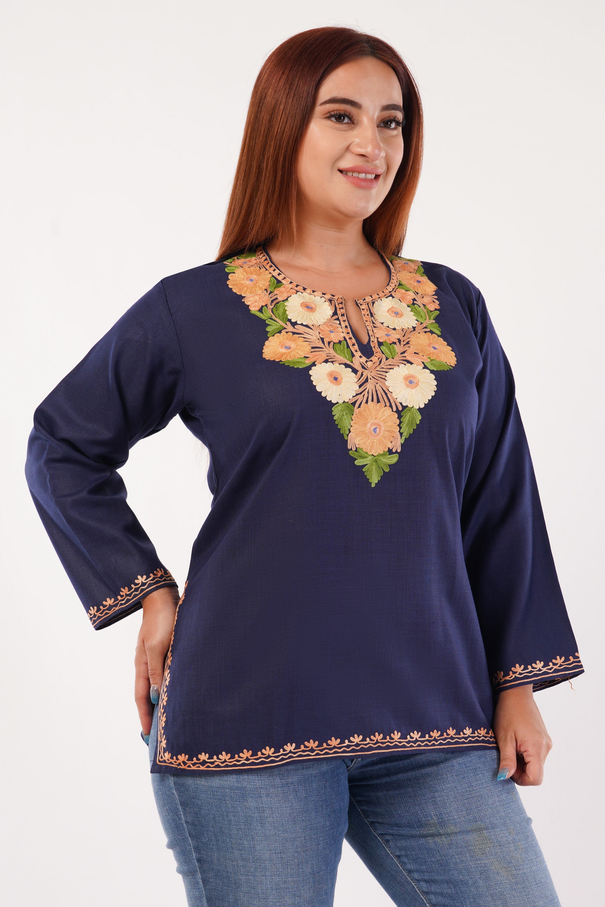 Kashmiri Aari embroidery Cotton Short Kurti Size-44(Navy Blue)