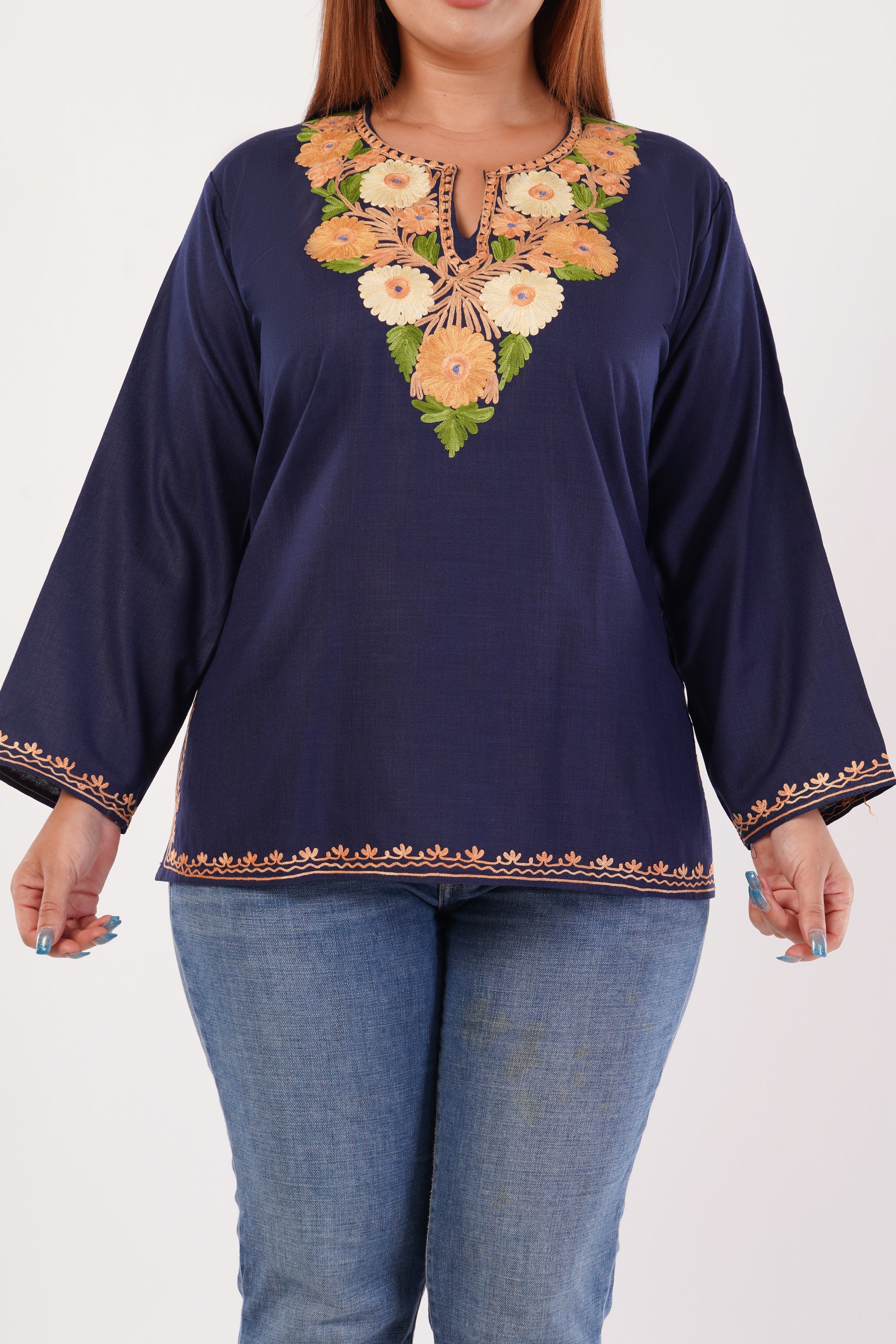 Kashmiri Aari embroidery Cotton Short Kurti Size-44(Navy Blue)