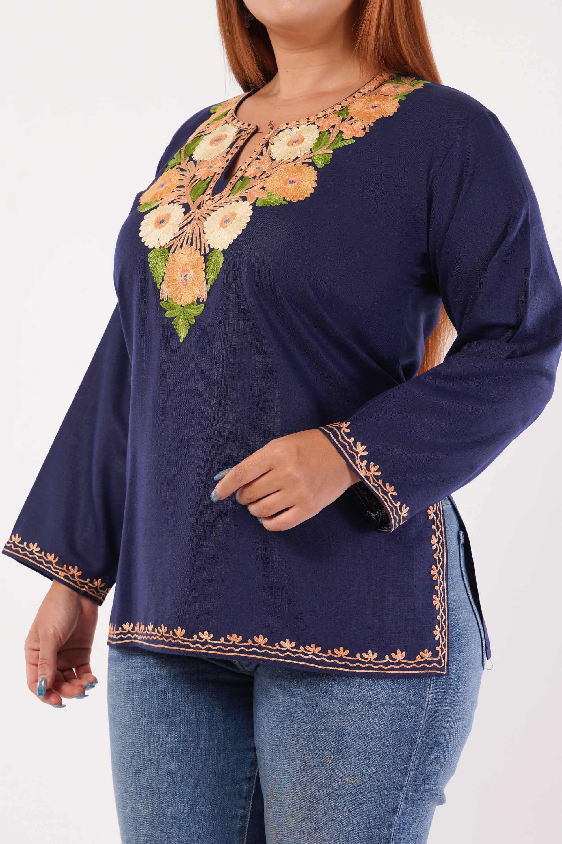 Kashmiri Aari embroidery Cotton Short Kurti Size-44(Navy Blue)
