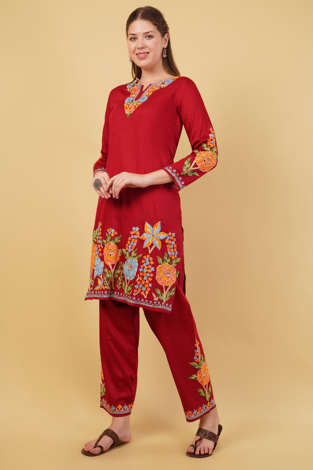 Kashmiri Aari embroidery Jaam Cotton Co-ord set Size-42(Red)