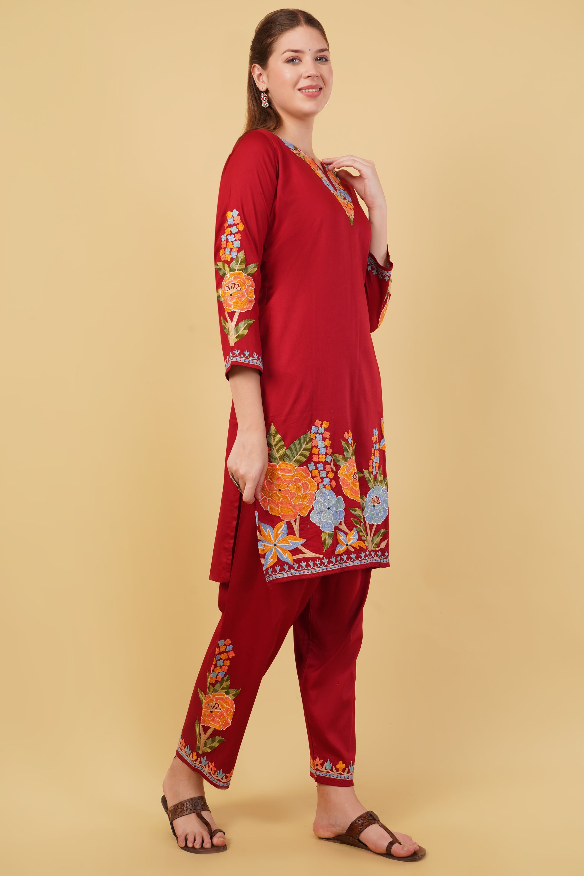 Kashmiri Aari embroidery Jaam Cotton Co-ord set Size-42(Red)