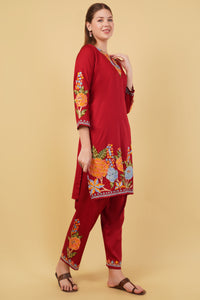 Kashmiri Aari embroidery Jaam Cotton Co-ord set Size-42(Red)