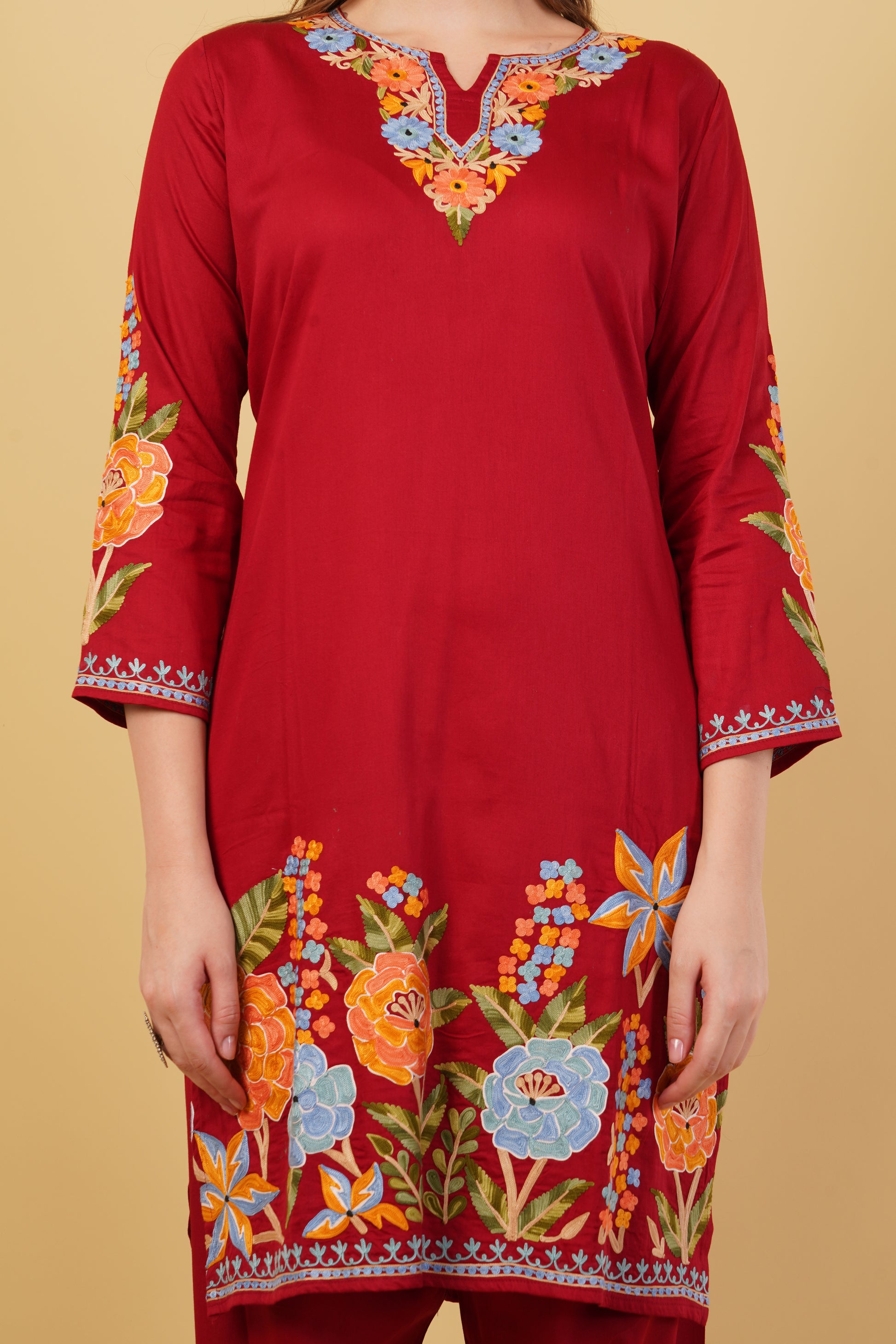 Kashmiri Aari embroidery Jaam Cotton Co-ord set Size-42(Red)