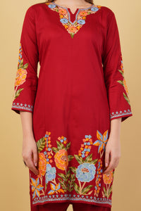 Kashmiri Aari embroidery Jaam Cotton Co-ord set Size-42(Red)