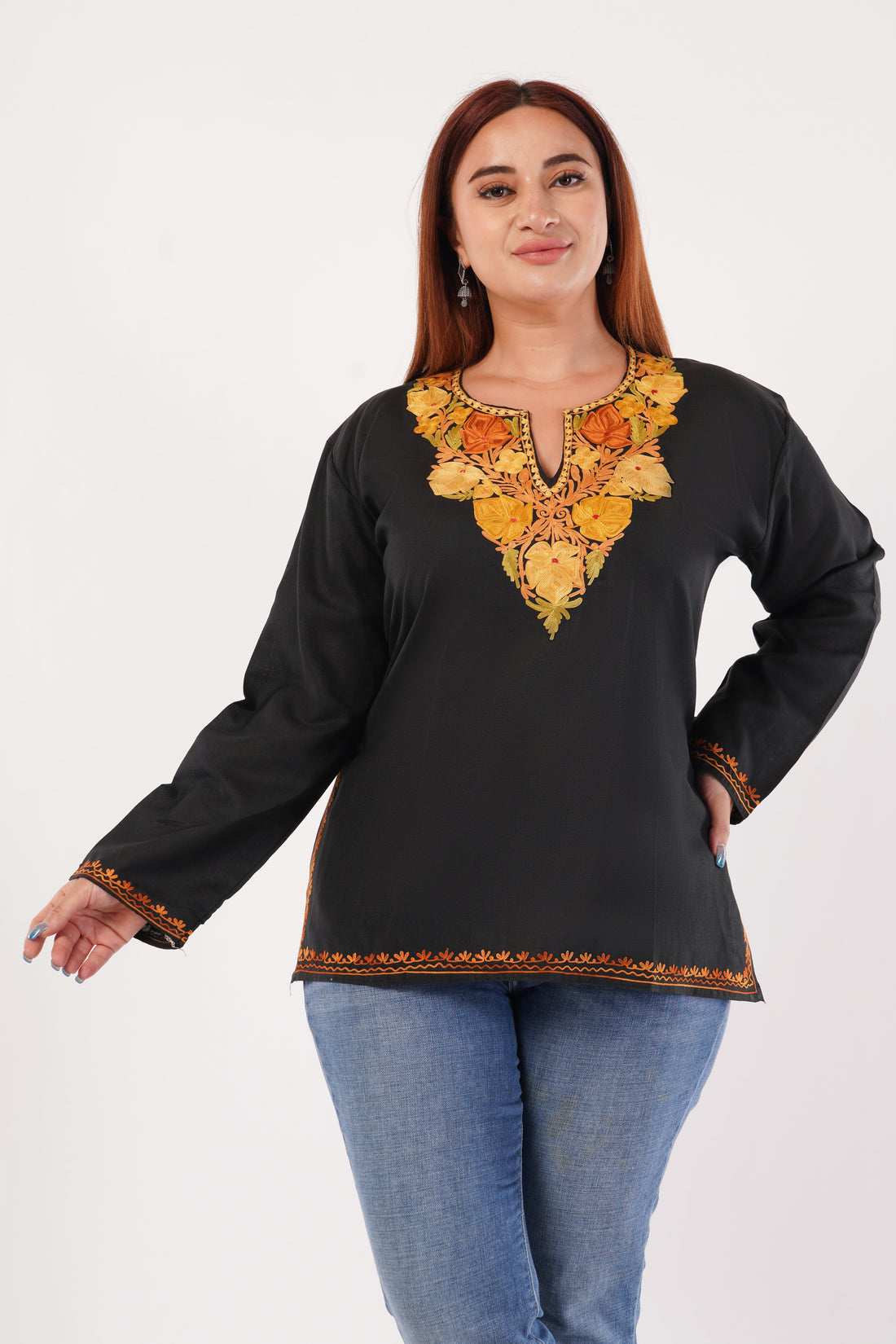 Kashmiri Aari embroidery Cotton Short Kurti Size-44(Black)