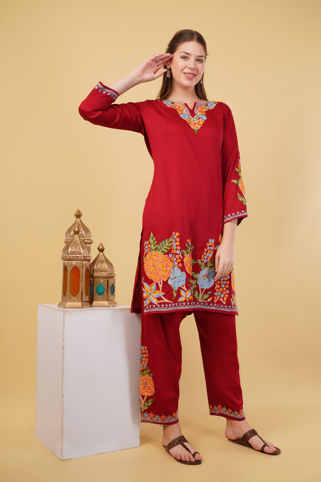 Kashmiri Aari embroidery Jaam Cotton Co-ord set Size-42(Red)