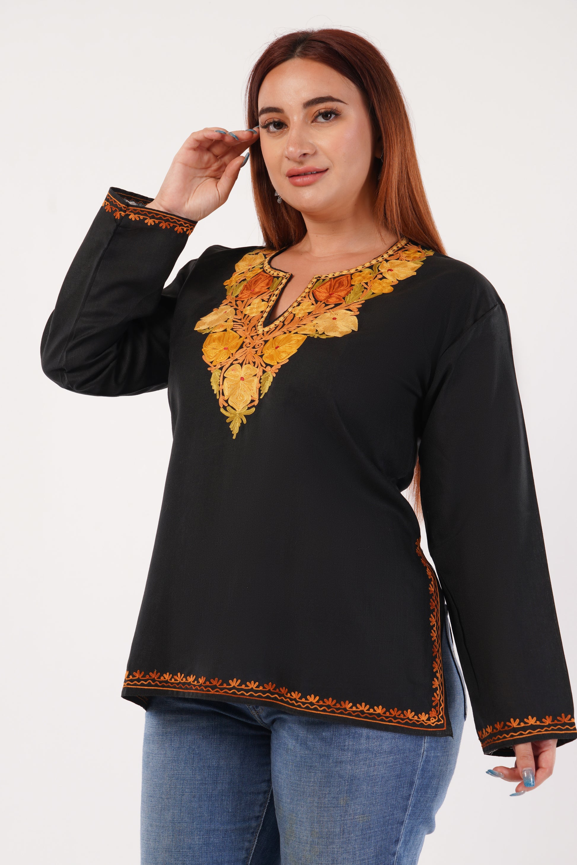 Kashmiri Aari embroidery Cotton Short Kurti Size-44(Black)
