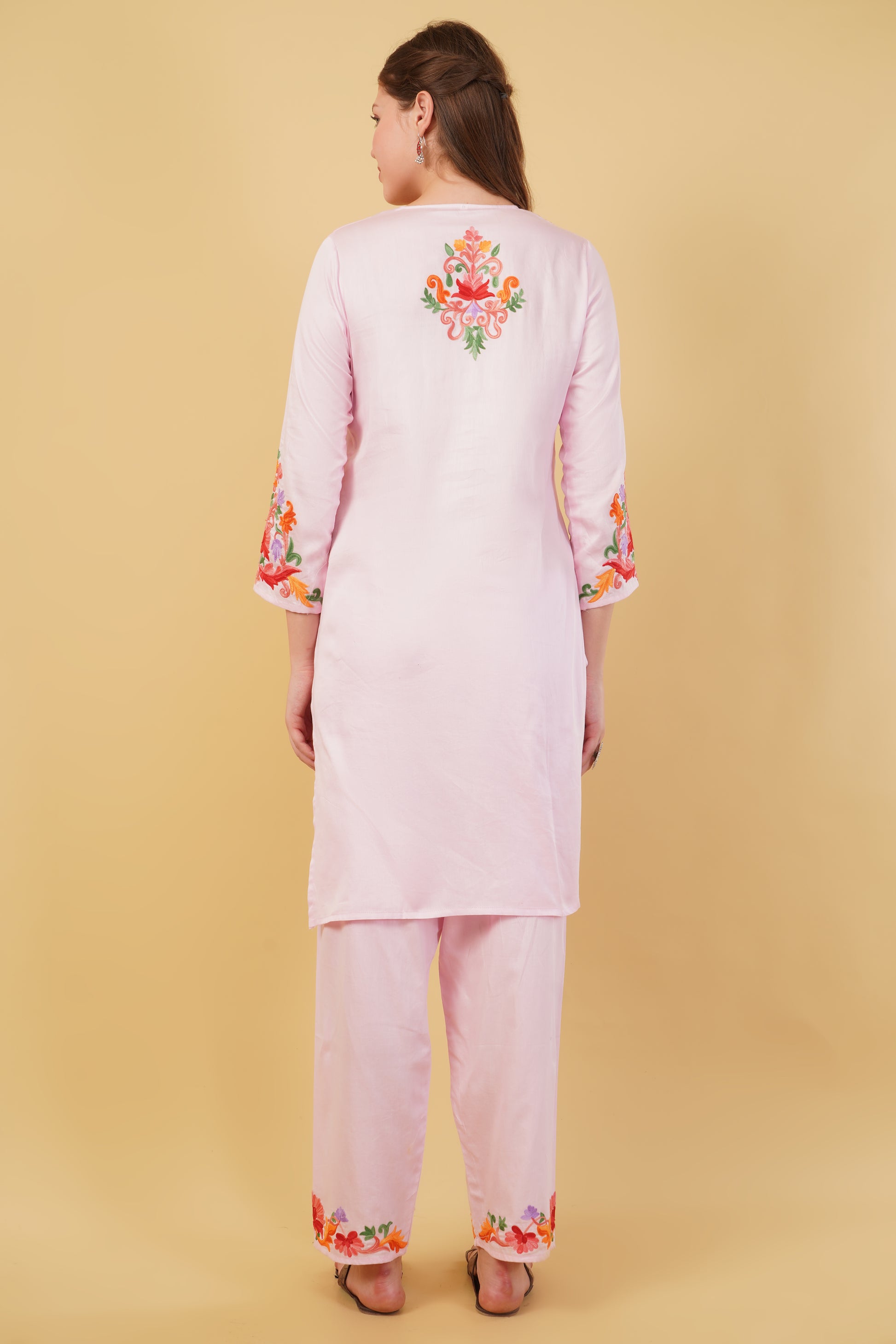 Kashmiri Aari embroidery Jaam Cotton Co-ord set Size-42(Pink)
