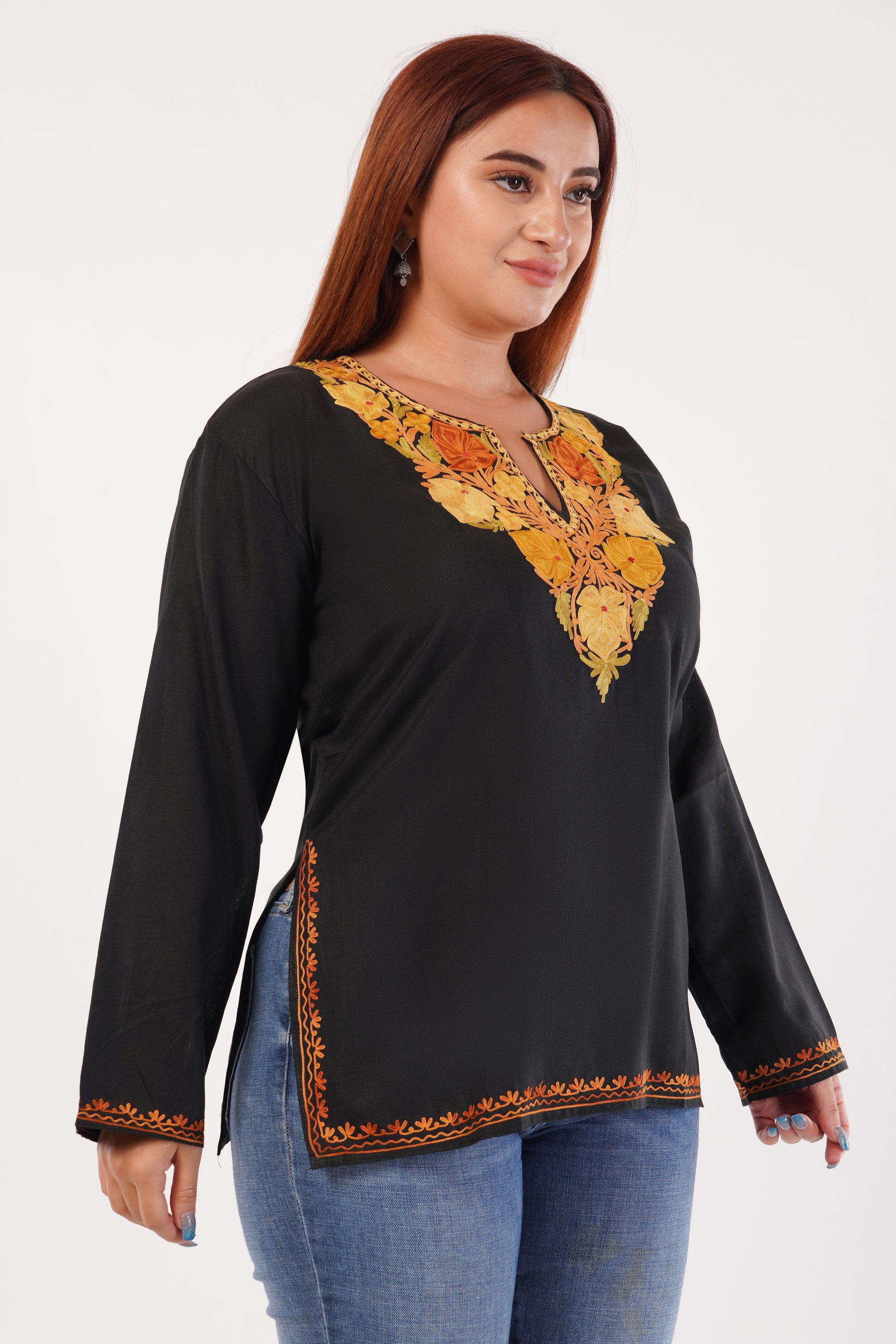 Kashmiri Aari embroidery Cotton Short Kurti Size-44(Black)