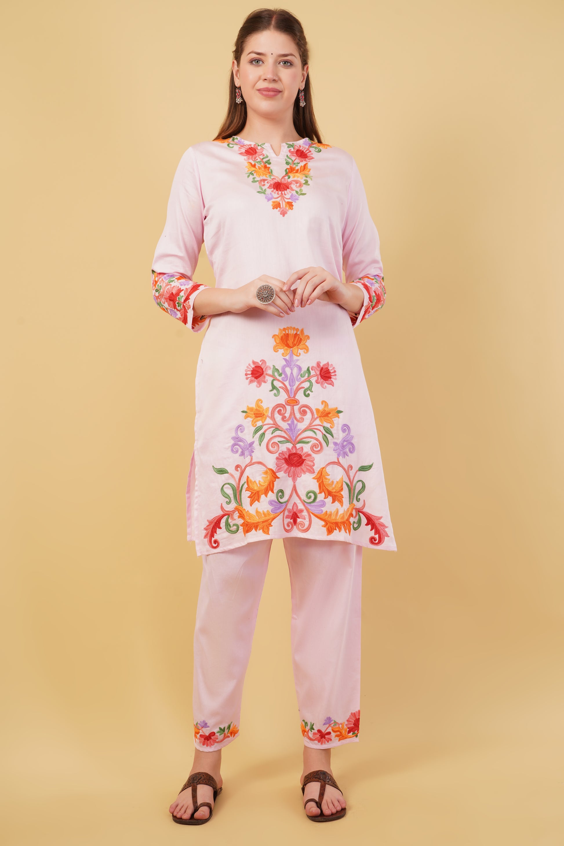 Kashmiri Aari embroidery Jaam Cotton Co-ord set Size-42(Pink)