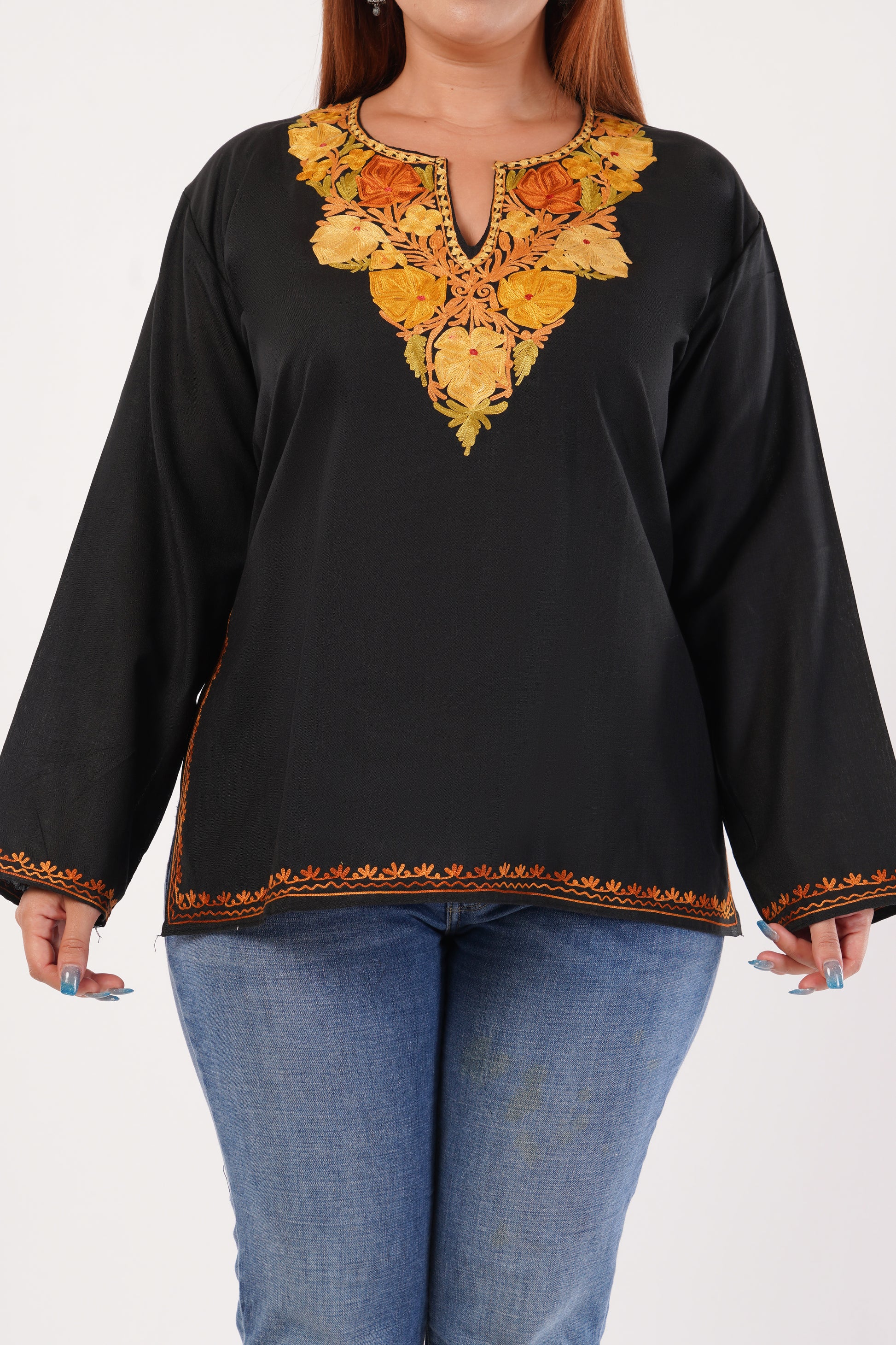 Kashmiri Aari embroidery Cotton Short Kurti Size-44(Black)