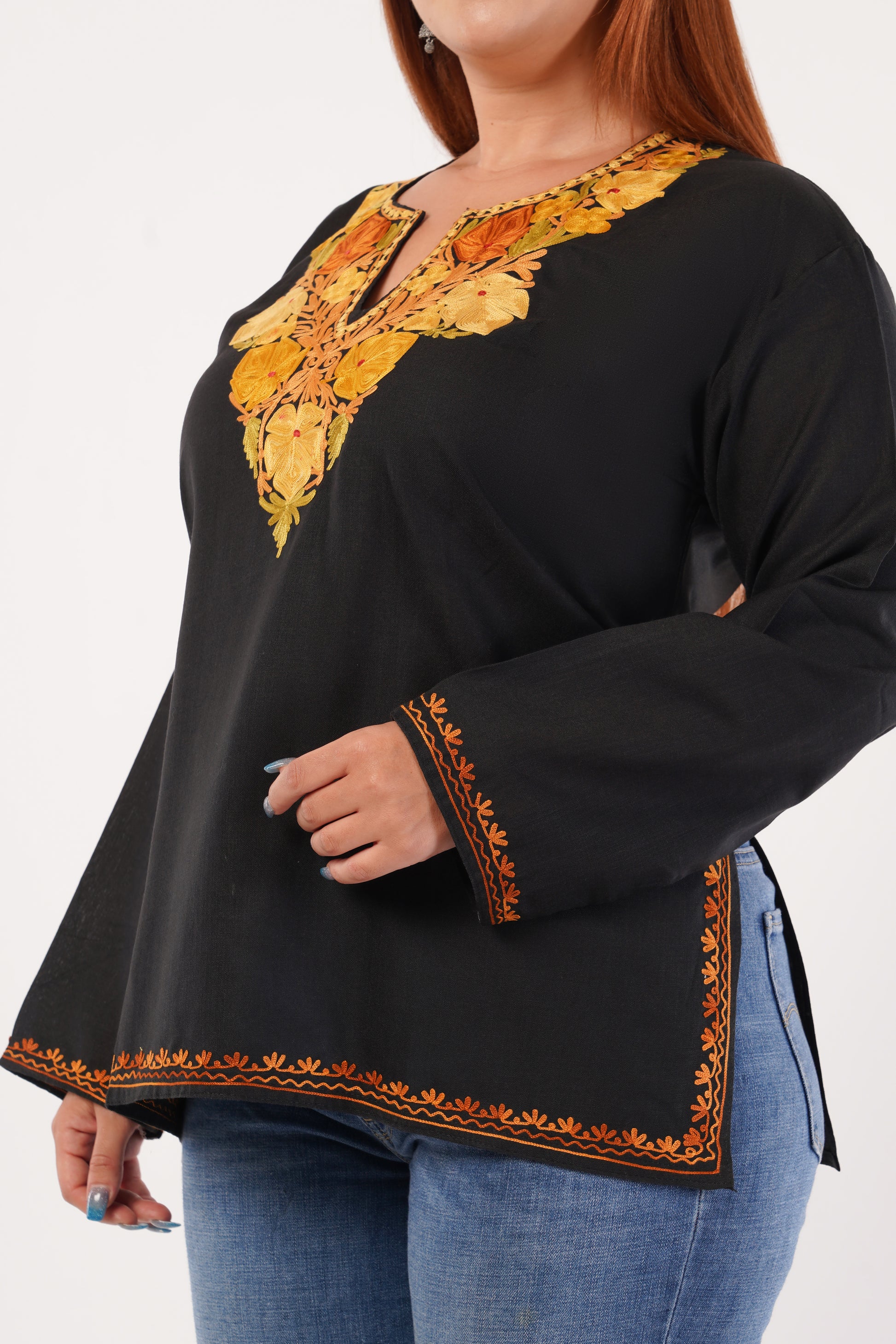 Kashmiri Aari embroidery Cotton Short Kurti Size-44(Black)