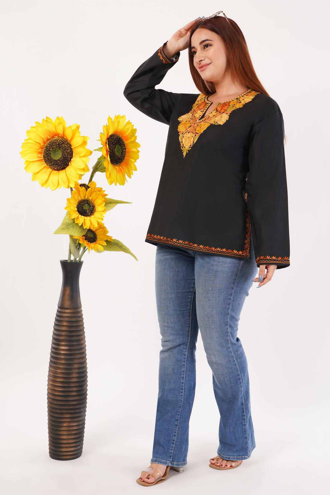 Kashmiri Aari embroidery Cotton Short Kurti Size-44(Black)
