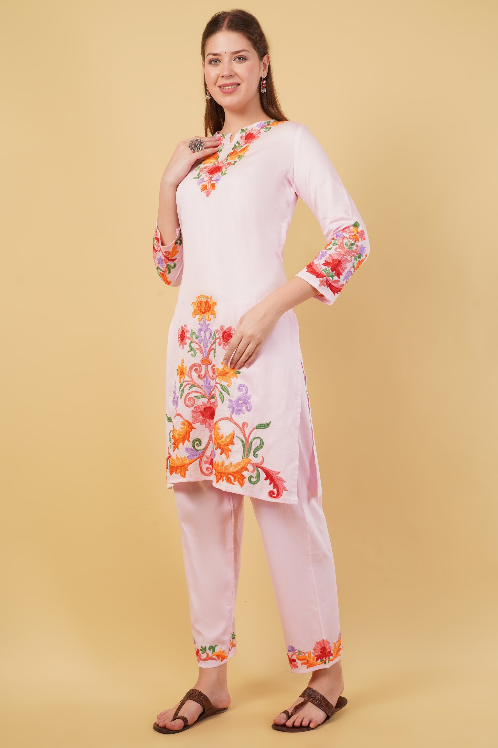 Kashmiri Aari embroidery Jaam Cotton Co-ord set Size-42(Pink)