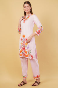 Kashmiri Aari embroidery Jaam Cotton Co-ord set Size-42(Pink)