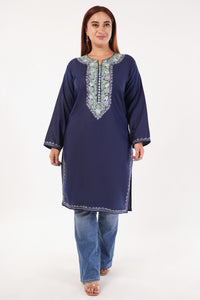 Kashmiri Aari embroidery Cotton Long Kurti Size-44(Navy Blue)